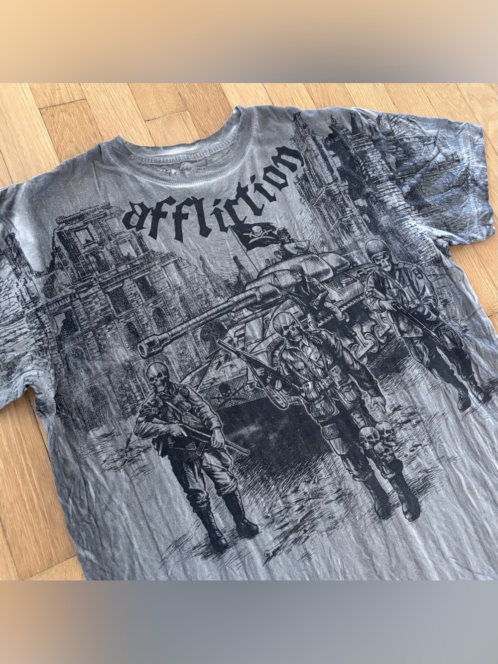 Affliction Ghost Army T-Shirt XL Grey Mineral Wash Skull Grunge Cyber Y2K MMA